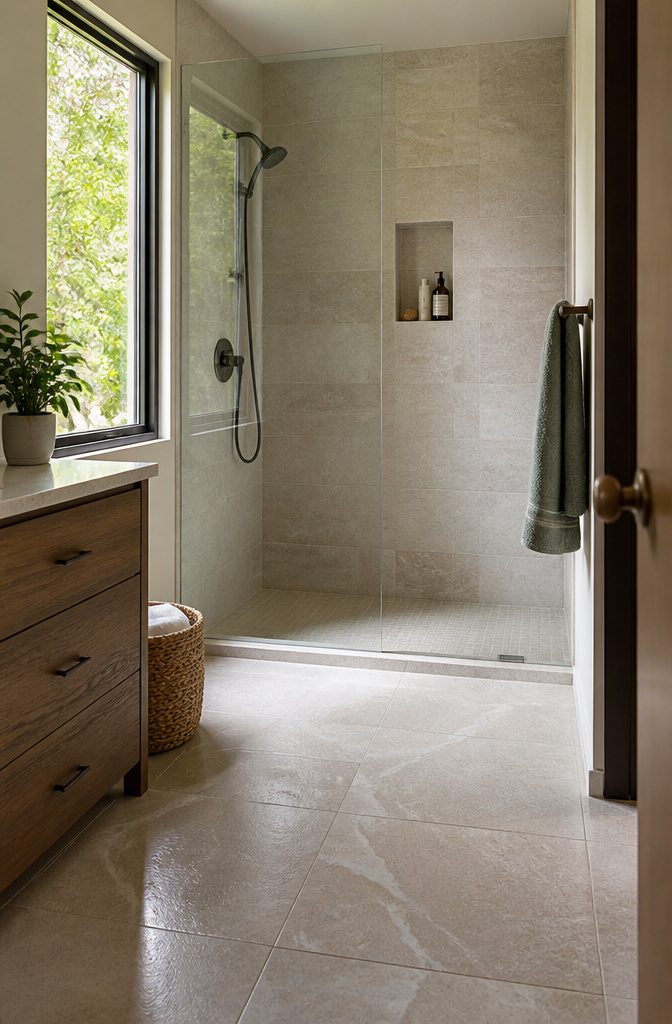 Walk-in shower with a low entry beside bathroom tile