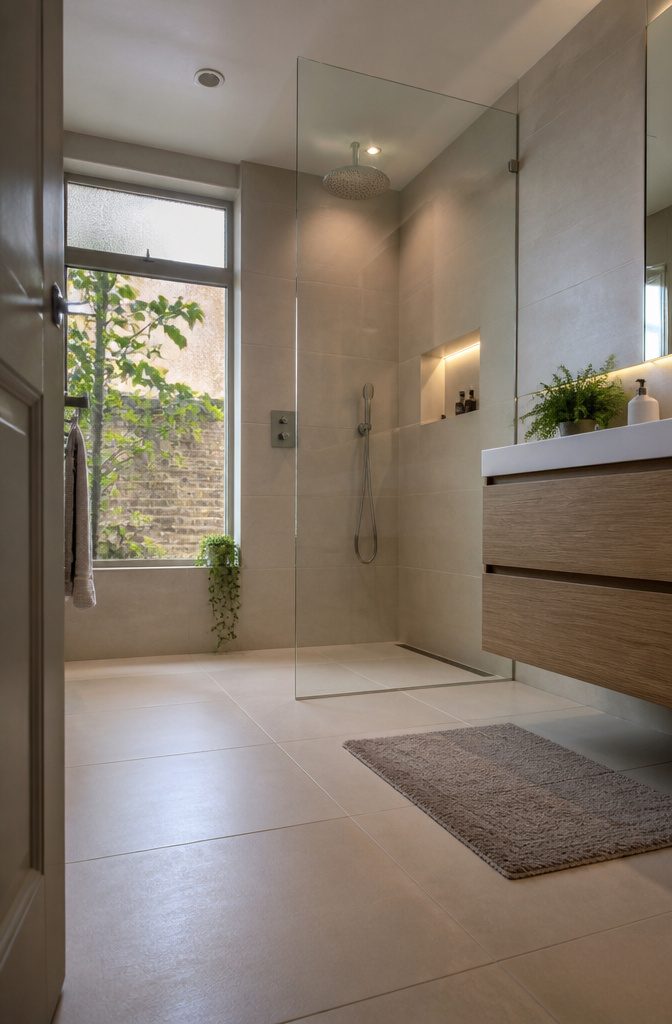 Wet-room shower with level floor and linear drain