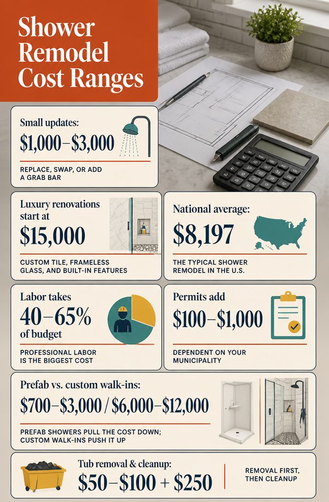 Shower remodel cost graphic with ranges for different projects