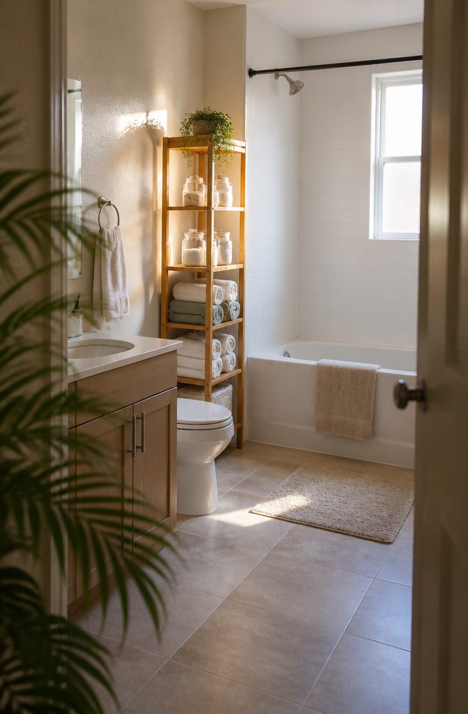 Freestanding bamboo bathroom tower with rolled towels and canisters