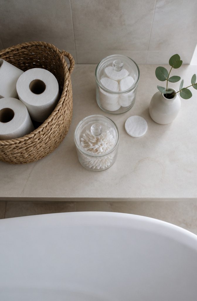 Bathroom shelf with woven basket toilet rolls and lidded glass jars