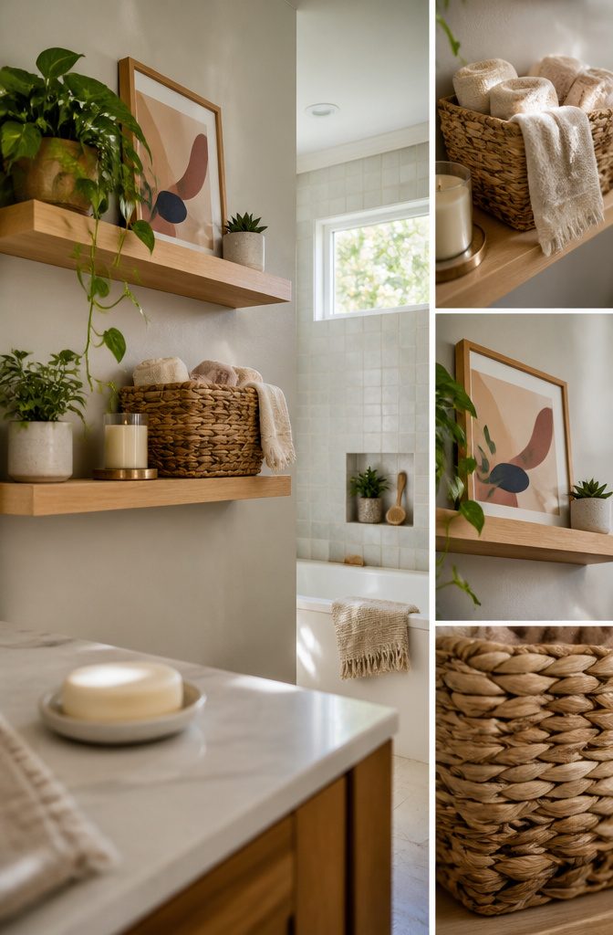 Light wood bathroom shelves with a plant artwork candle and seagrass basket