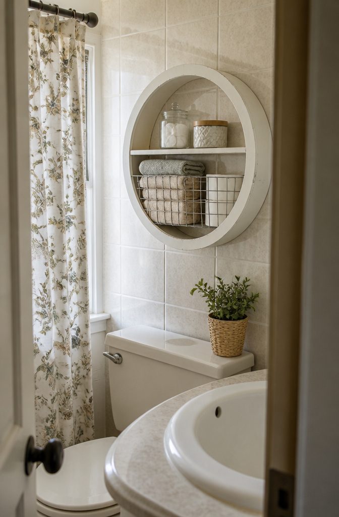 Circular farmhouse wall shelf with a metal basket and ceramic canisters