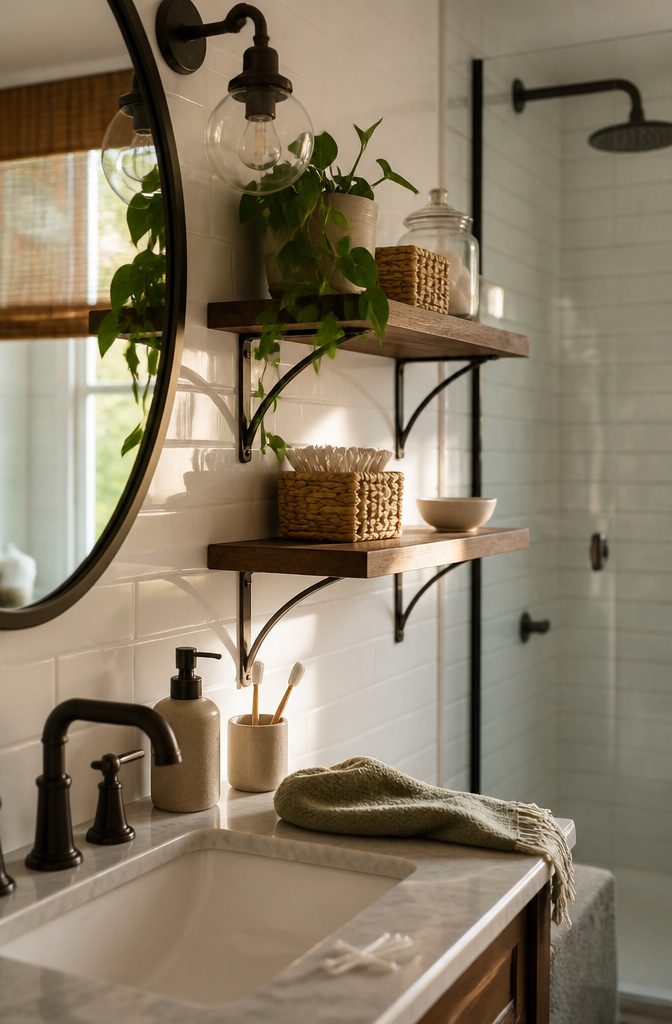 Wood bathroom shelves with bronze brackets seagrass baskets and a ceramic dish