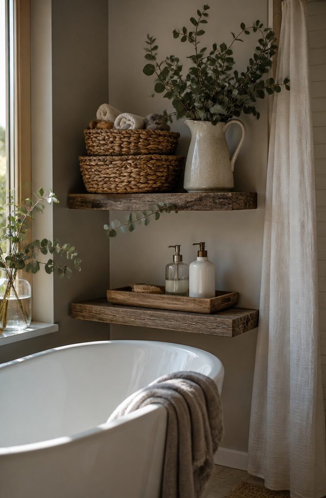 Rustic bathroom shelves with woven baskets a wood tray and faux eucalyptus