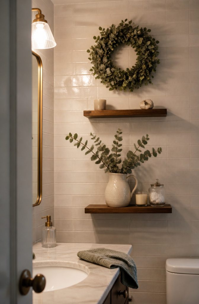 Green wreath above bathroom shelves with eucalyptus in a ceramic pitcher