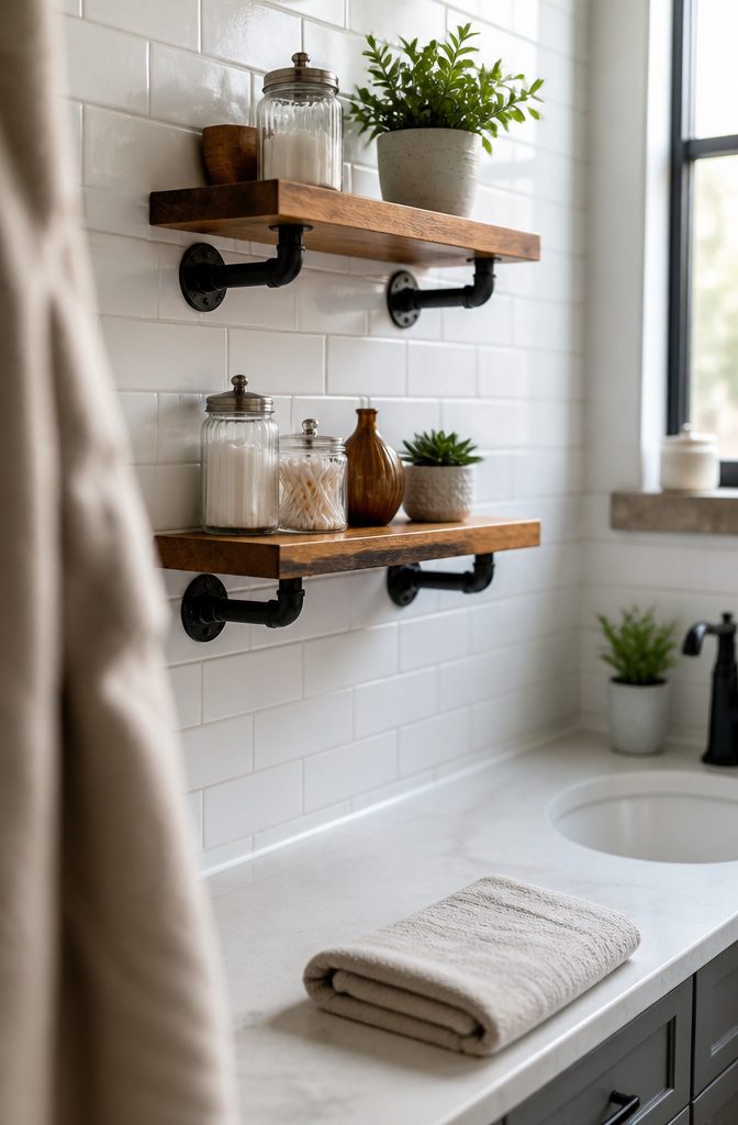 Wood bathroom shelves supported by black iron-pipe brackets