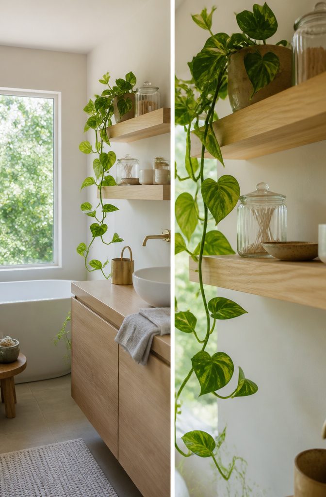 Light wood bathroom shelves with trailing green vines