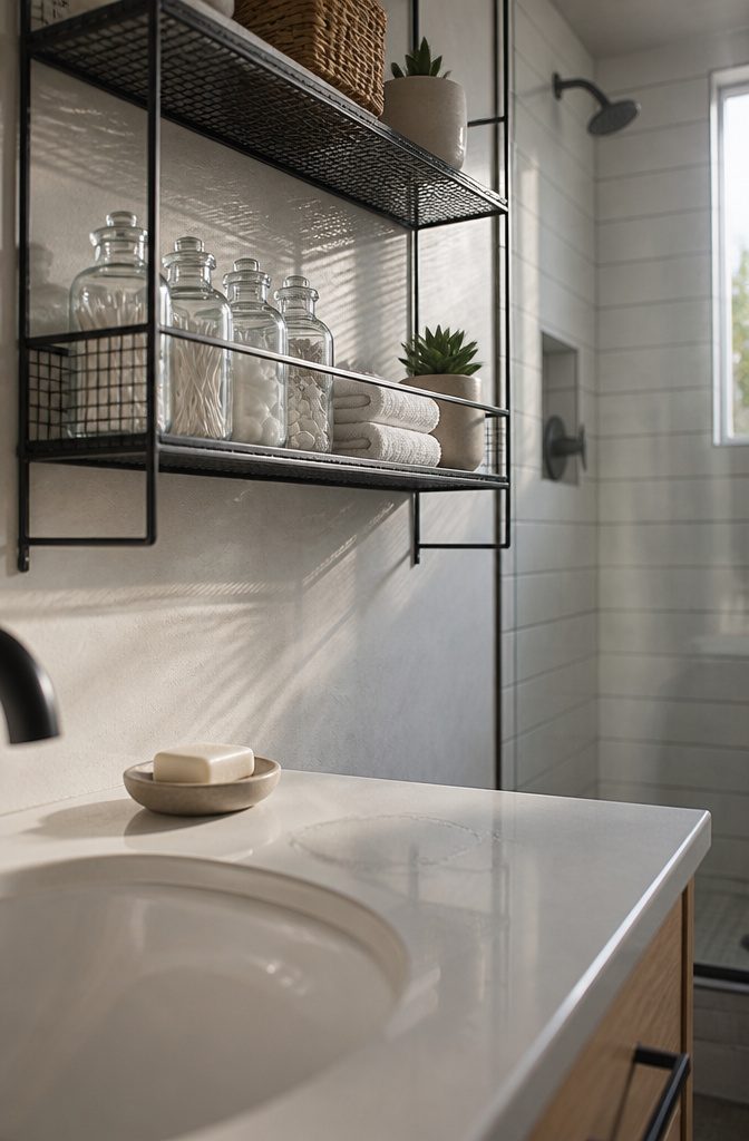 Black wire bathroom shelf with glass jars folded towels and a succulent