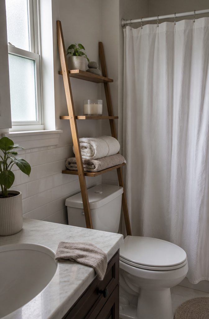 Leaning ladder shelf above a toilet with towels a plant and a candle