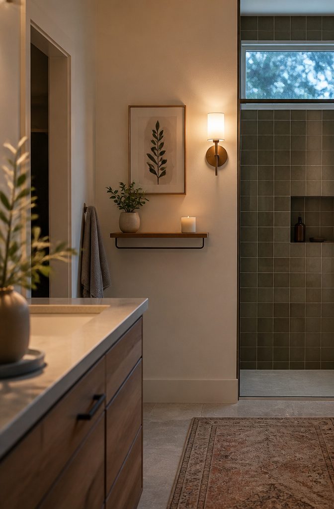 Bathroom floating shelf beneath framed artwork beside a wall sconce
