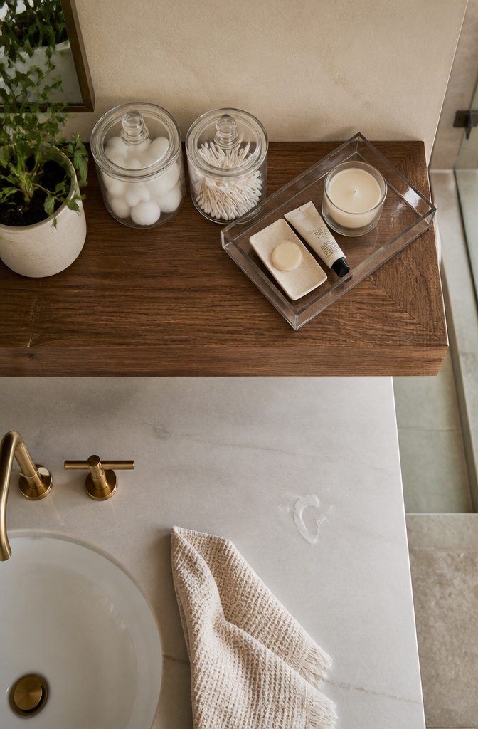 Thick wood bathroom shelf with glass canisters and a vanity tray