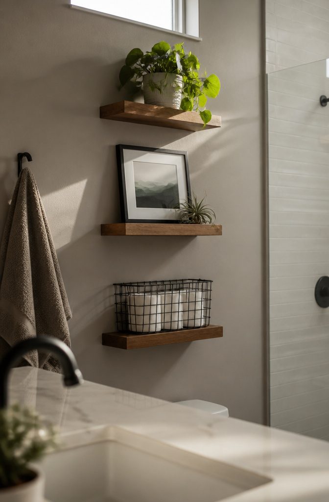 Three floating bathroom shelves with a plant artwork and wire basket