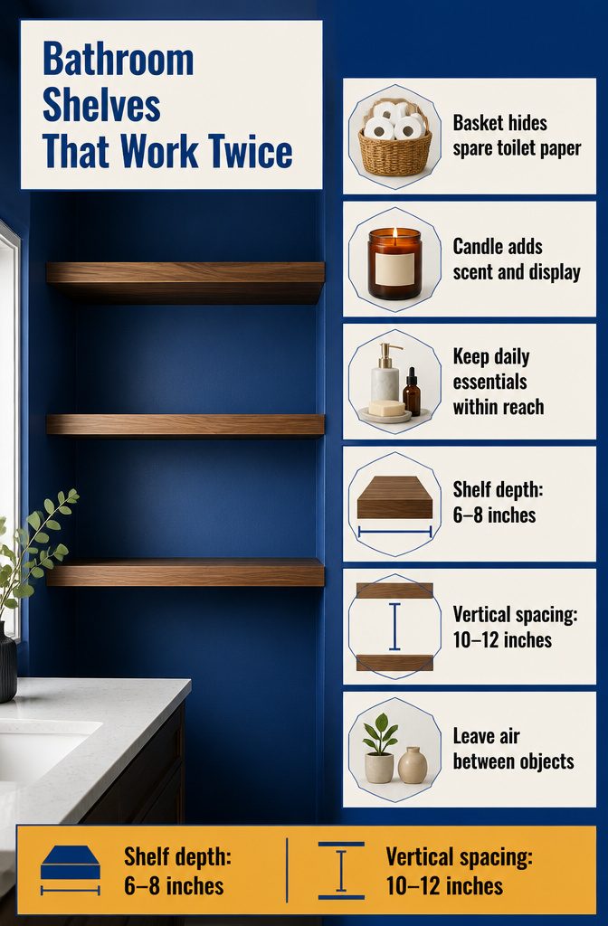 Bathroom shelves with a basket folded towels and daily-use supplies