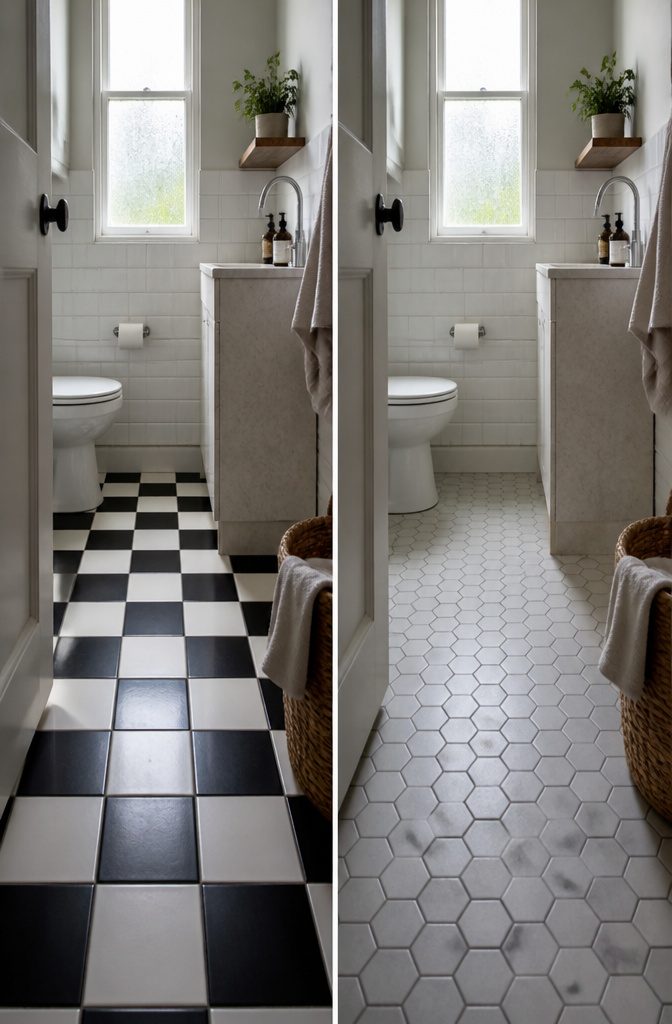 Black-and-white checkerboard tile floor in a bathroom
