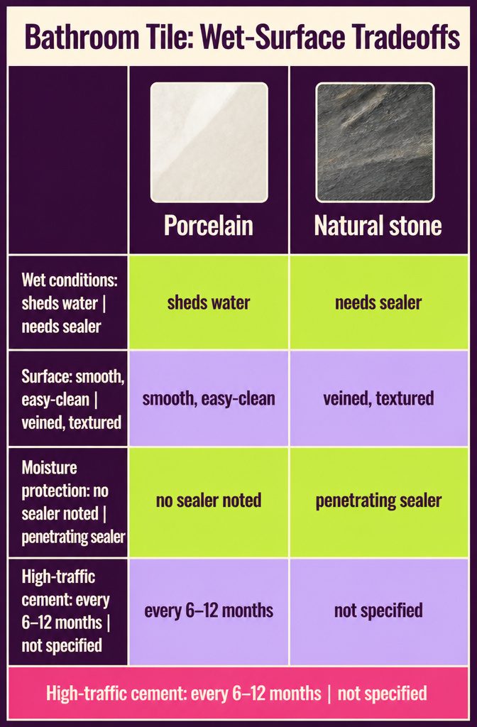 Bathroom tile tradeoff graphic comparing materials for wet surfaces
