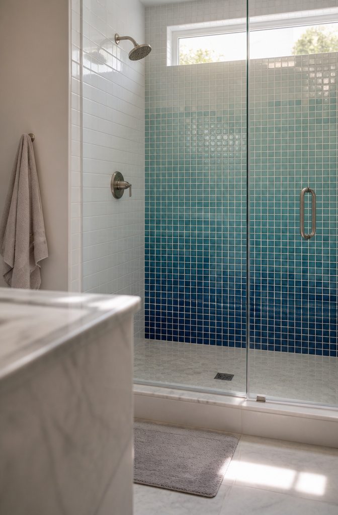 Small blue shower mosaics fading from deep blue to near-white