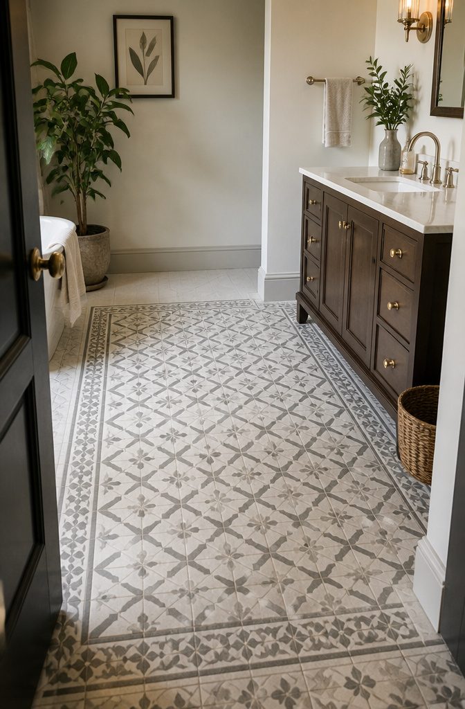 Bathroom floor with ornamental interlocking tile motifs in white and muted gray
