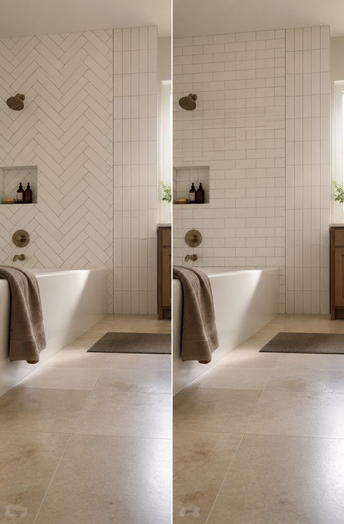 White subway tiles arranged in a herringbone pattern on a bathroom wall