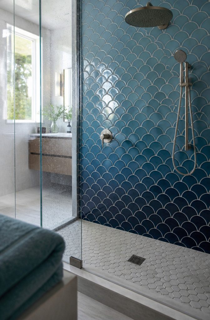 Glossy blue fish-scale tiles arranged in overlapping rows on a bathroom wall