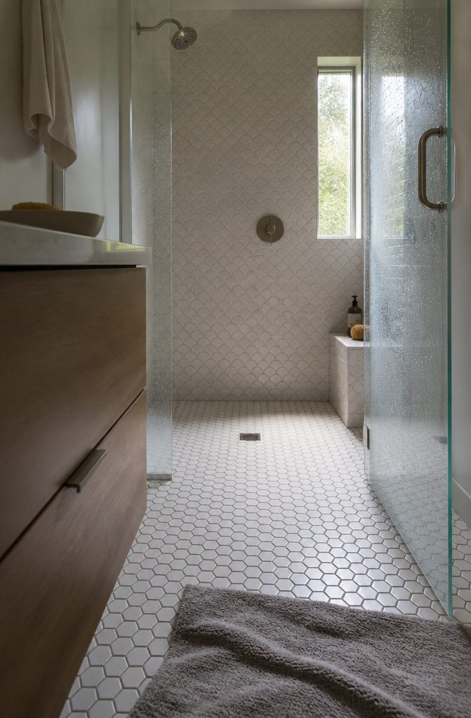Small white hexagonal shower floor tiles with gray grout beside fish-scale wall tiles