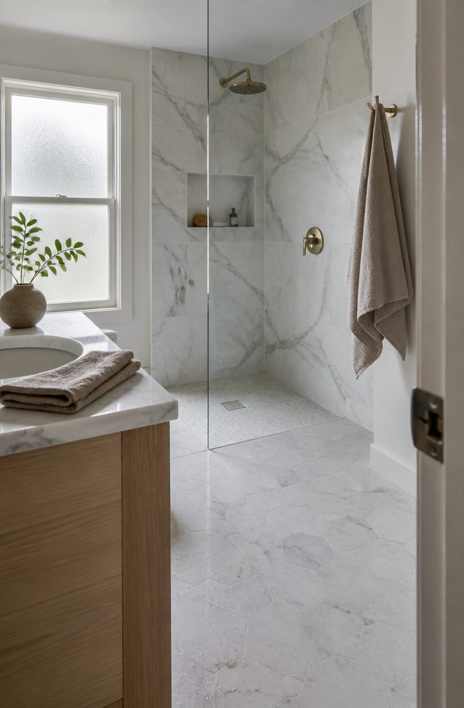 Pale marble bathroom surfaces with fine gray veining