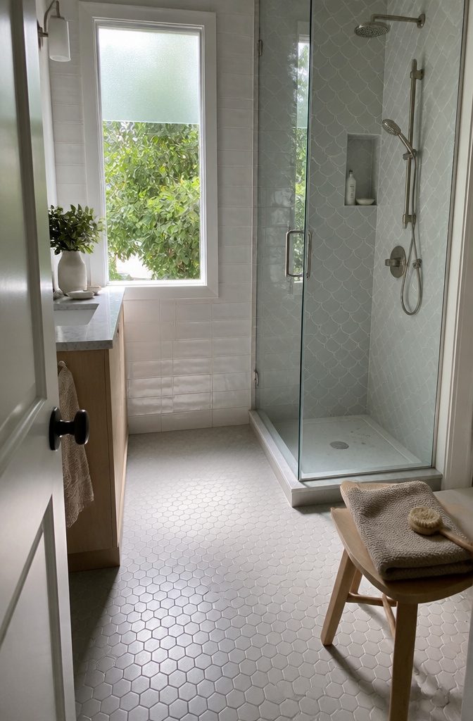 Compact bathroom with glossy pale shower walls and small gray hexagon floor tiles