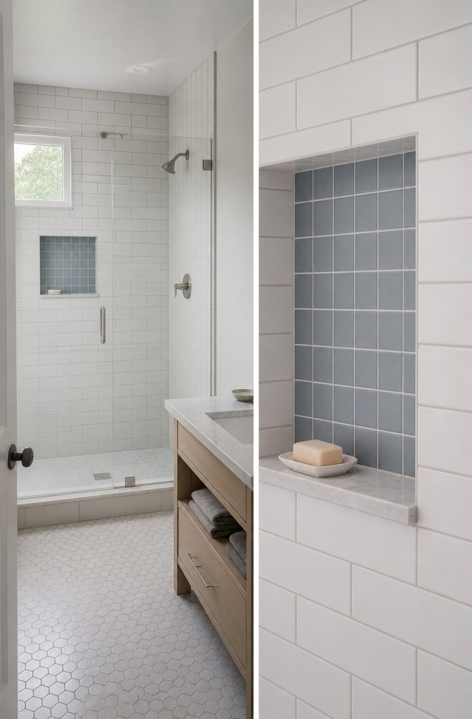 White rectangular subway tiles stacked vertically on a bathroom wall