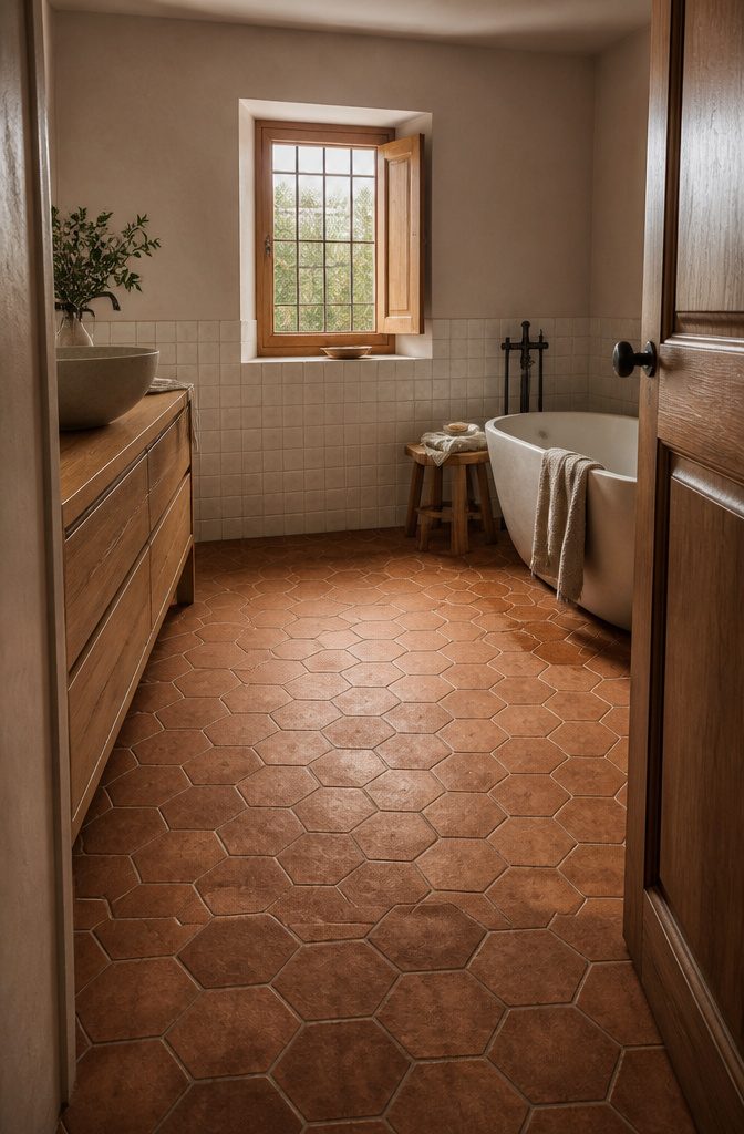 Warm terracotta tiles covering a bathroom floor beside simple fixtures