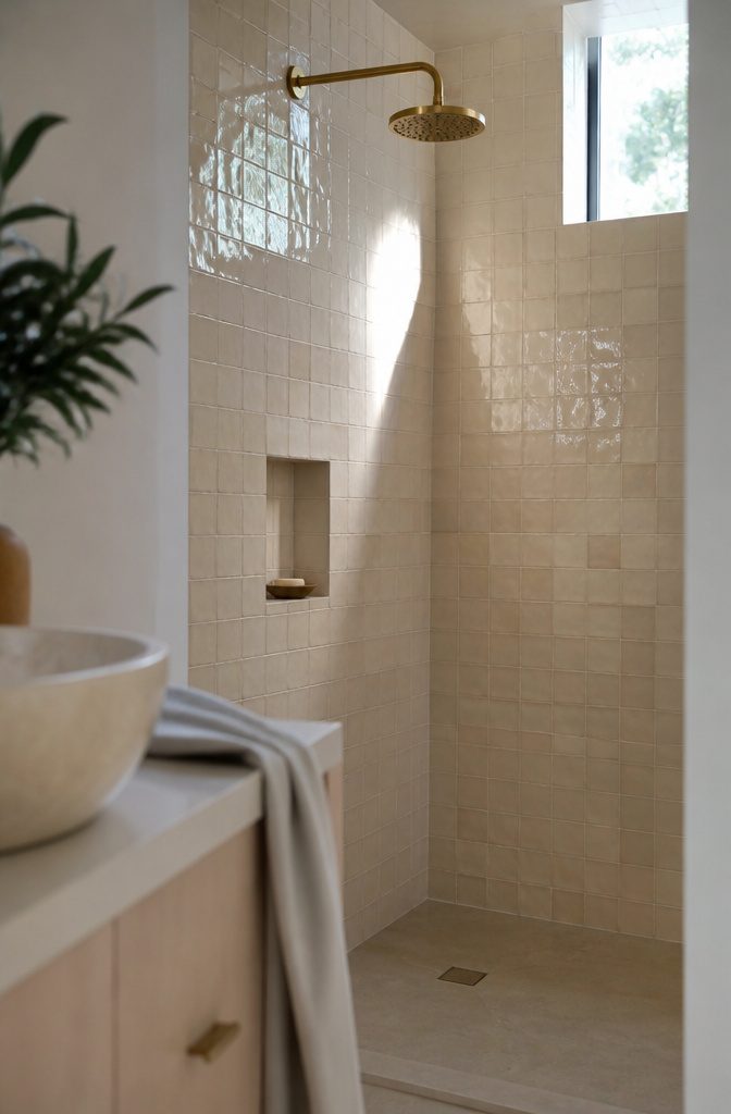 Warm-white handmade zellige tiles with chipped edges pits and fine cracks