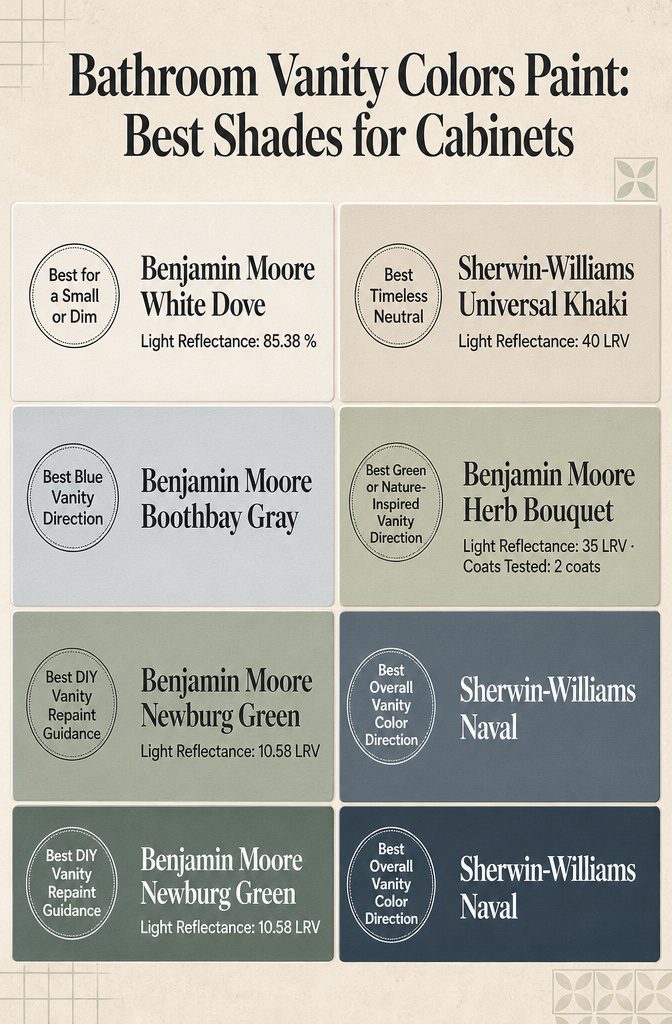 Comparison infographic listing bathroom vanity paint shades with product details