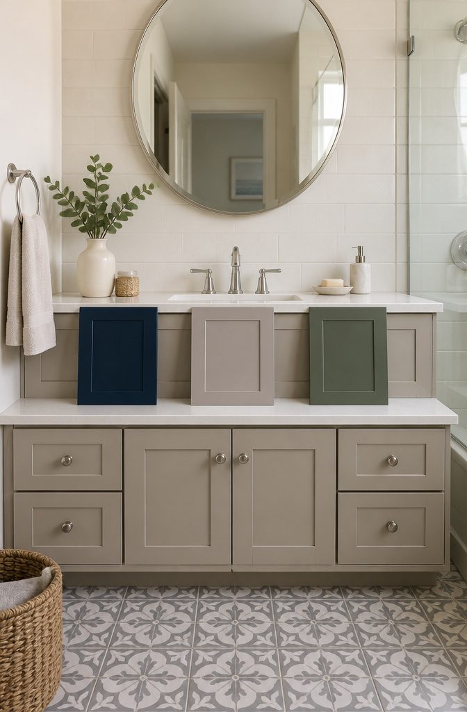 Bathroom vanity beside tiled walls, countertop, and installed plumbing fixtures