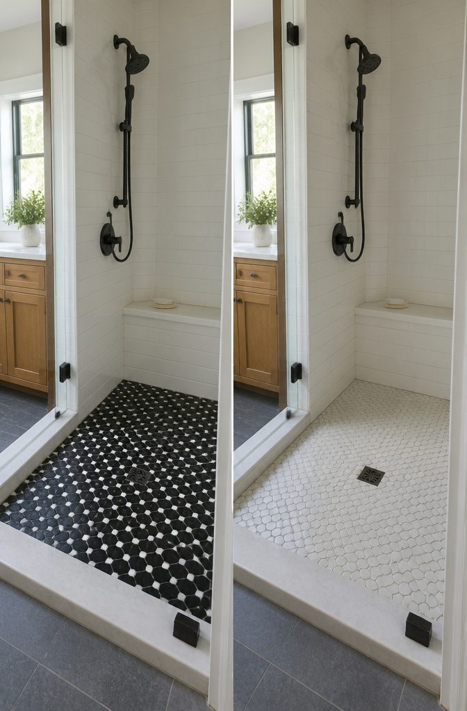 Large black and white square tiles across a shower surface