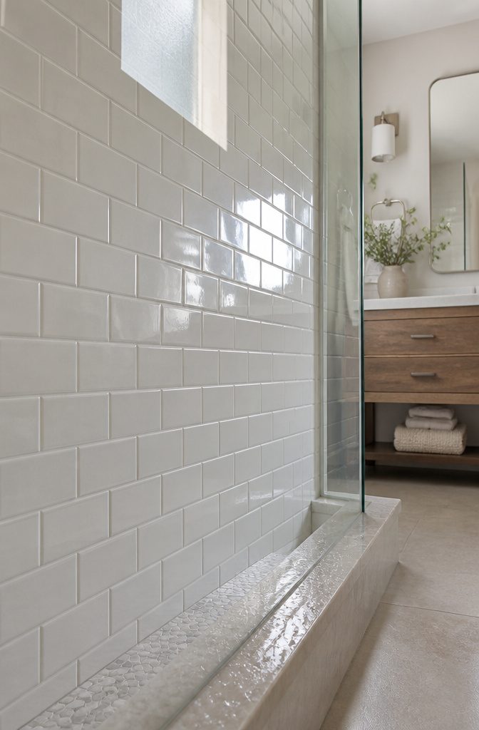 White rectangular tiles in a horizontal grid across a shower wall