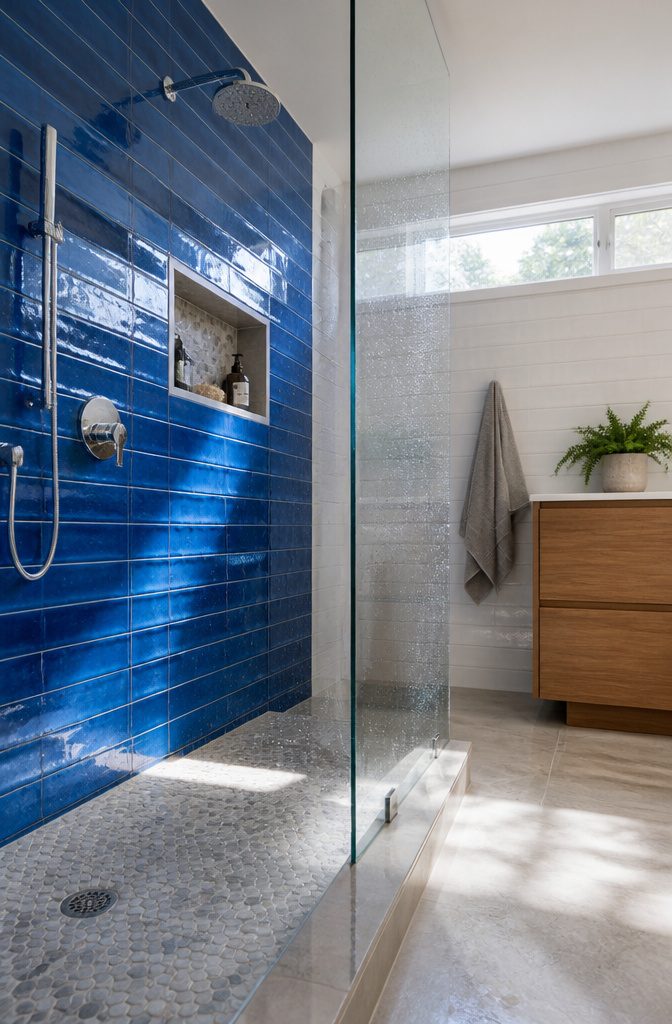 Turquoise glass shower wall beside neutral tile