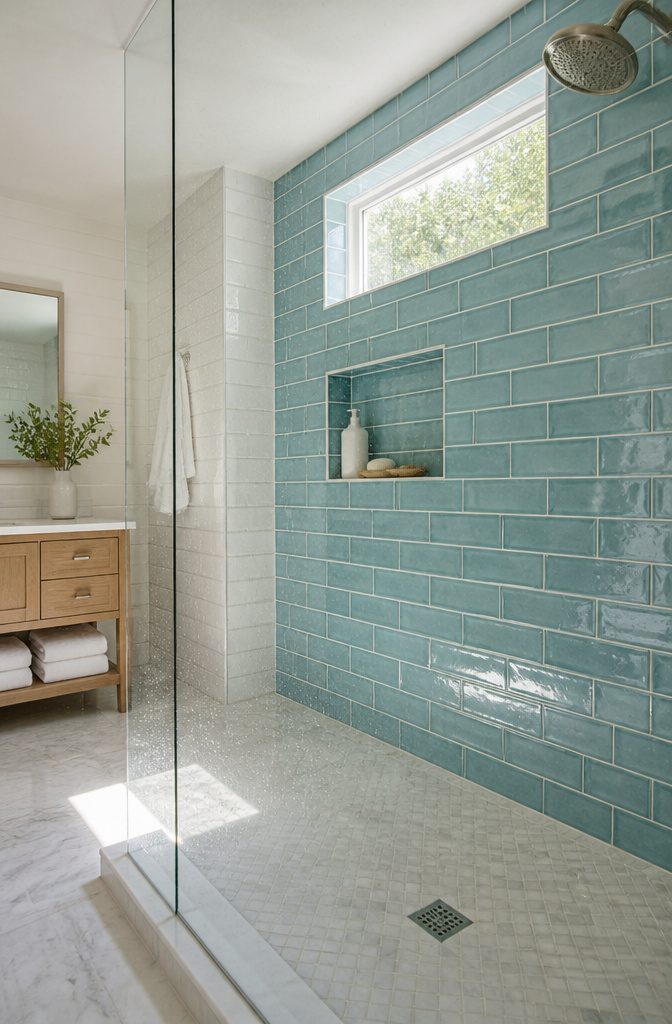 Turquoise glass tiles beside white tile in a shower