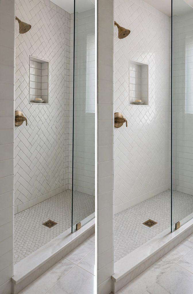 Shower wall tiles arranged in a diagonal pattern