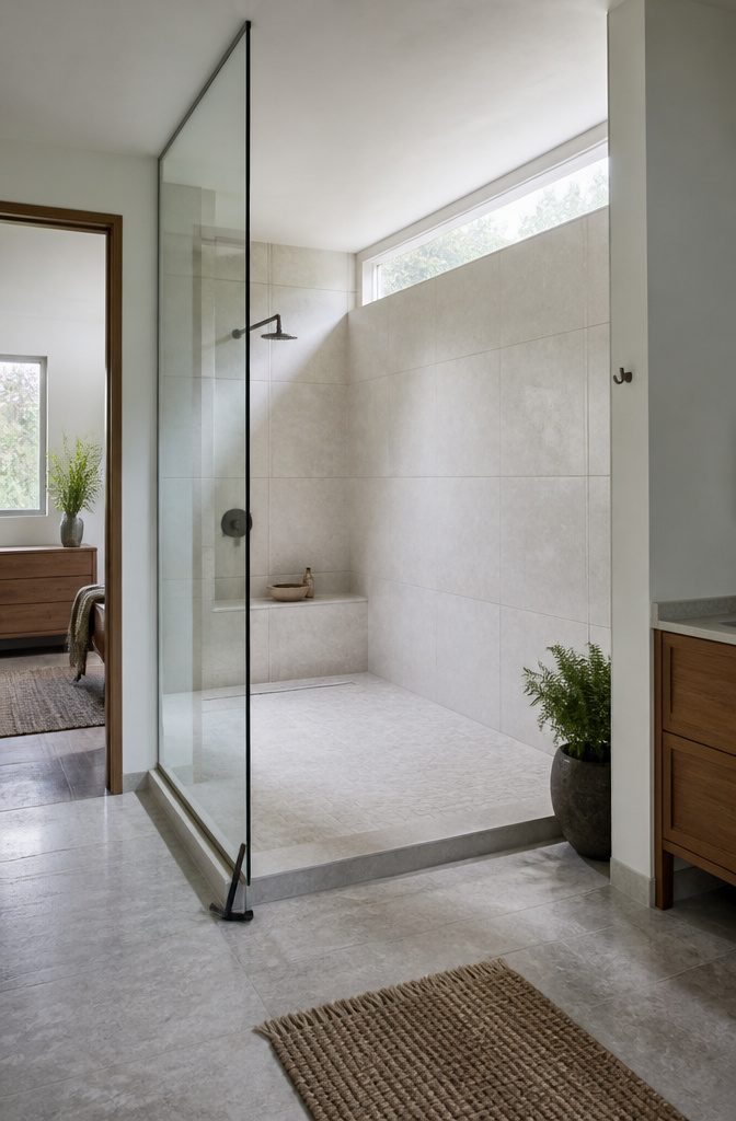 Large square tiles across the walls of an open shower