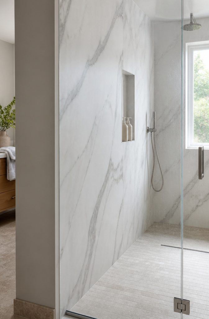 Warm white porcelain shower panels with gray veins and a slim niche