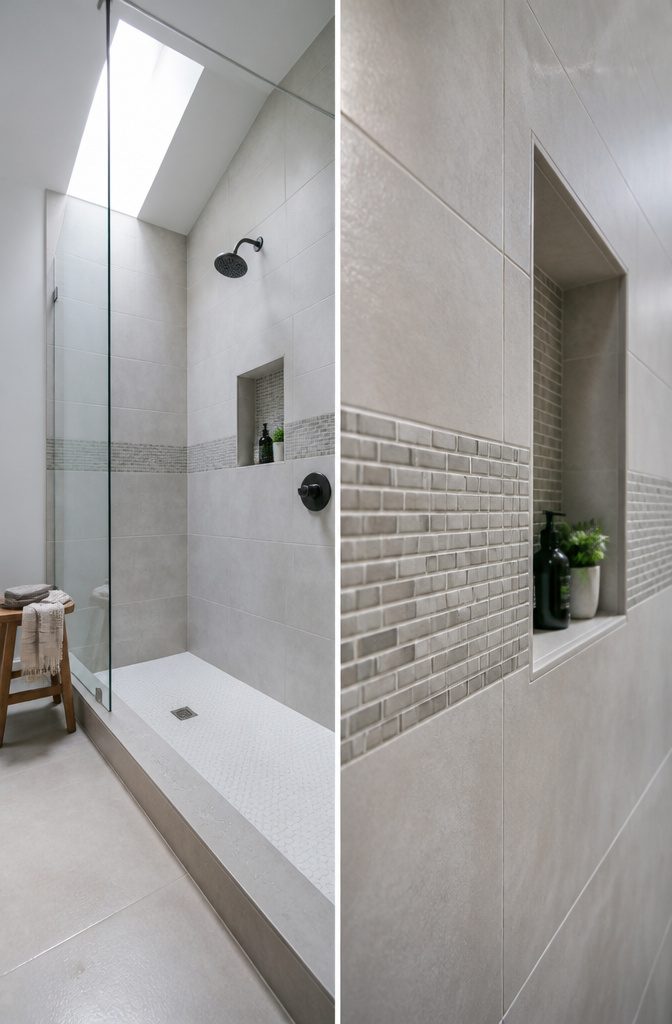 Large shower wall tiles with a mosaic band at chest height