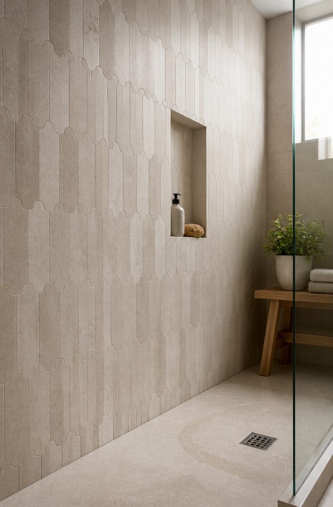 Satin porcelain tiles in staggered rows with a stone-like finish