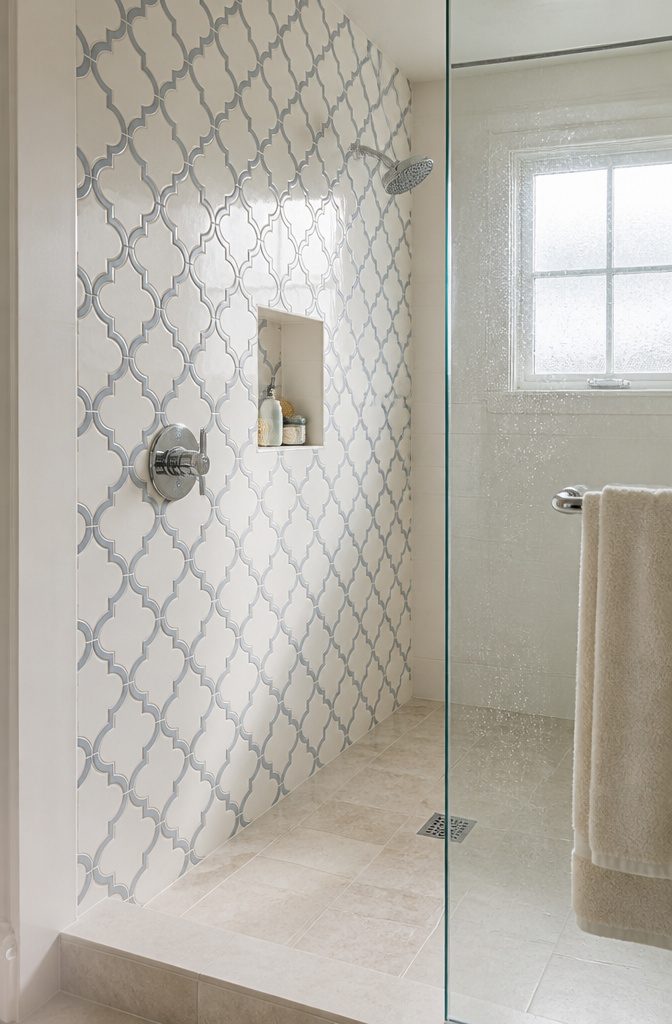 Interlocking porcelain squares forming an arabesque shower wall pattern