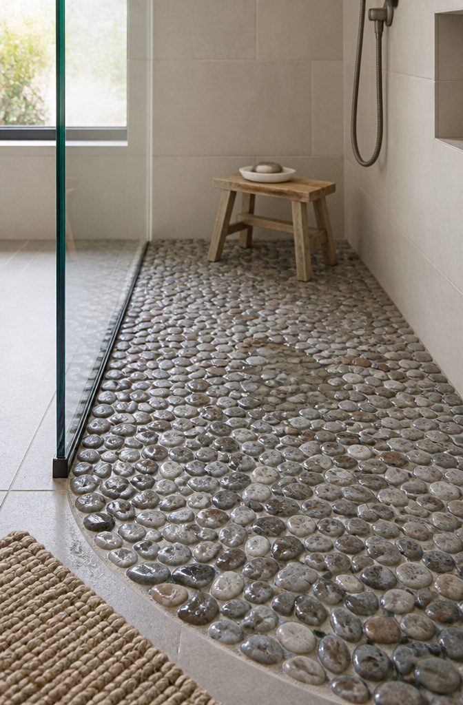Gray cream and brown river stones covering a shower floor