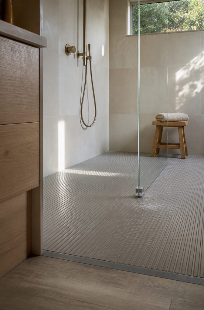 Warm gray ribbed shower floor beside smooth pale porcelain walls