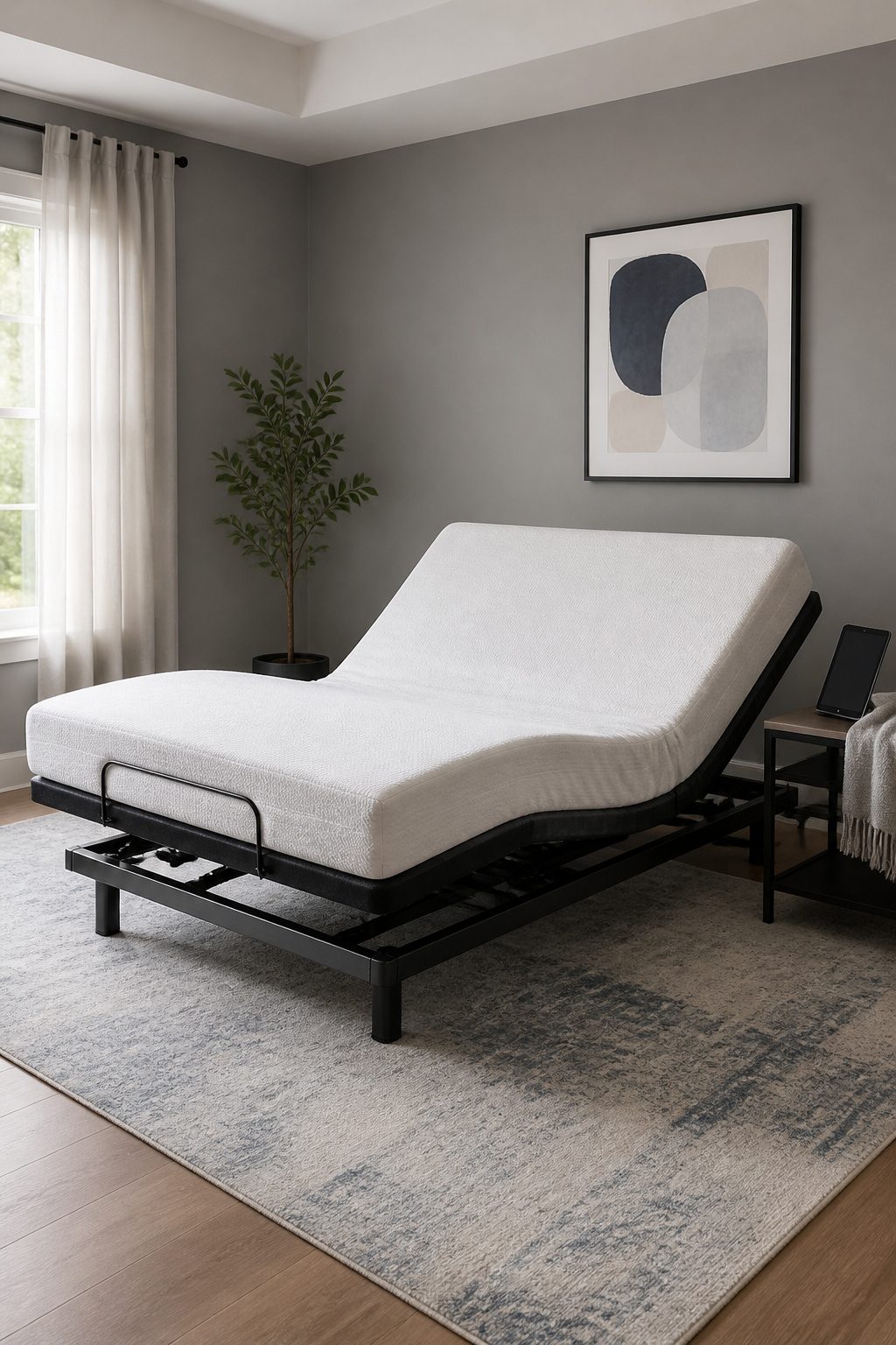 An adjustable bed frame with a sleek design and elevated sections.