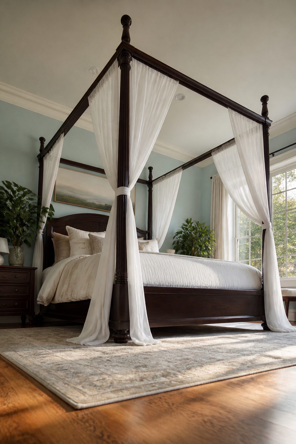 A canopy bed frame with draped fabric and tall posts.