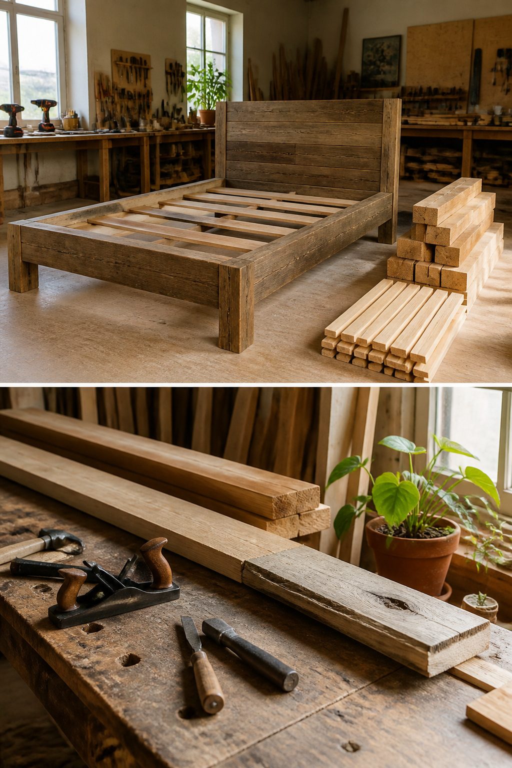 A DIY bed frame made from reclaimed wood and new lumber.