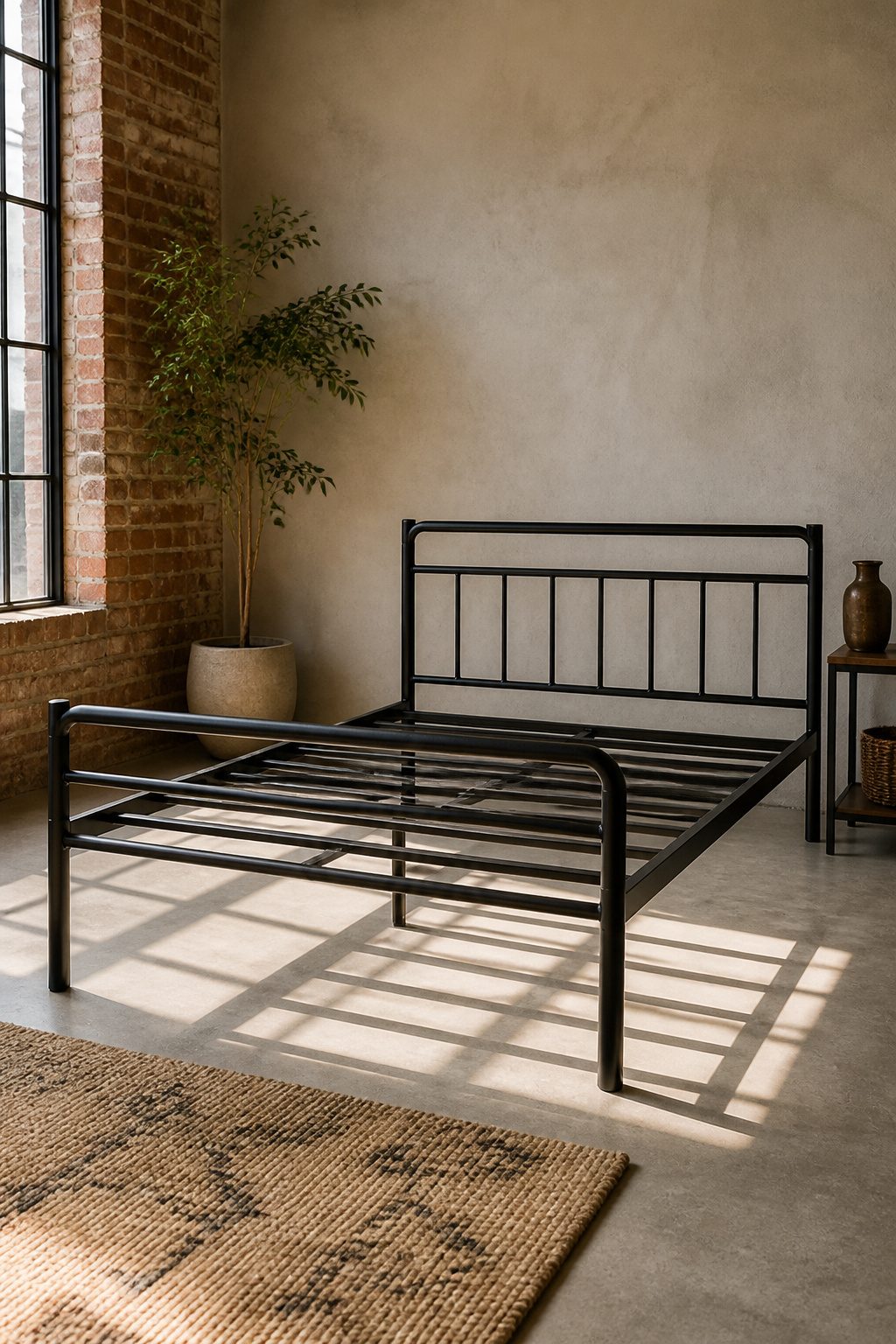 A metal bed frame showcasing different materials and styles.