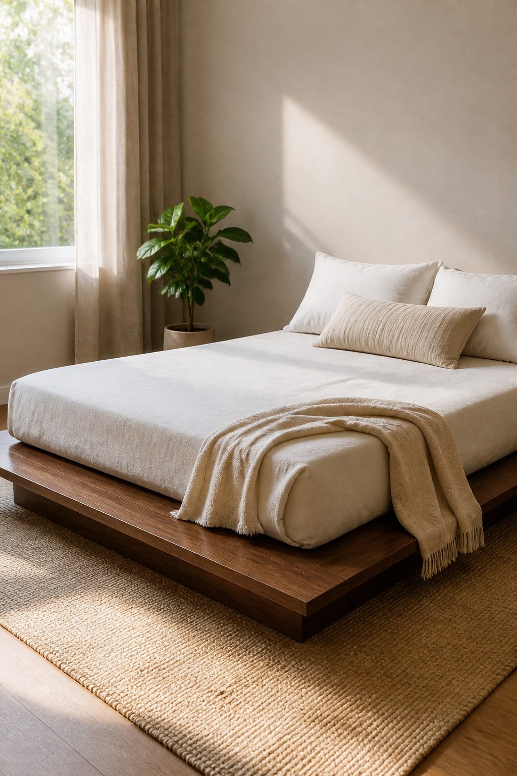 A low-profile platform bed frame with a mattress on a solid surface.