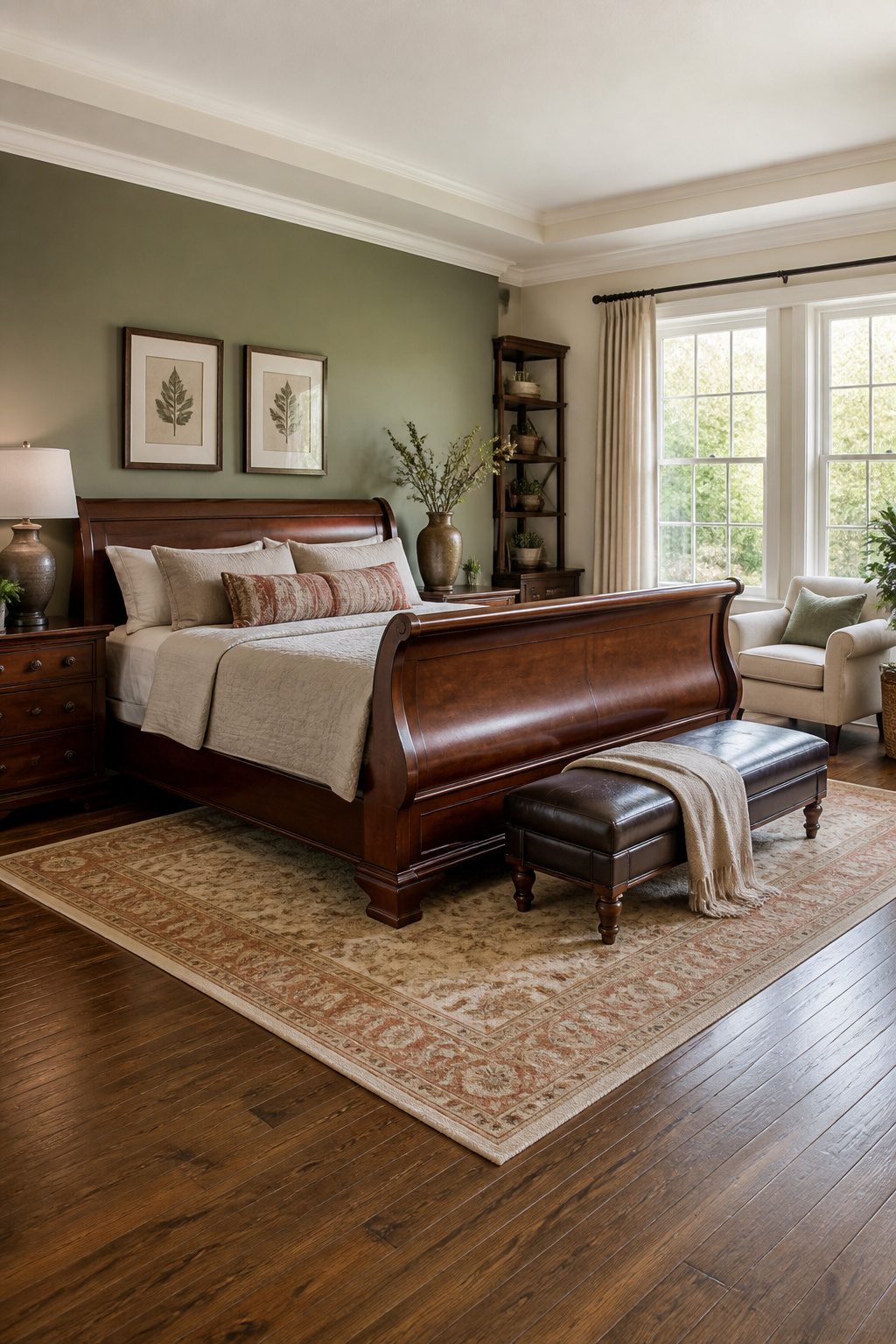 A sleigh bed frame with a curved design in a cozy bedroom.